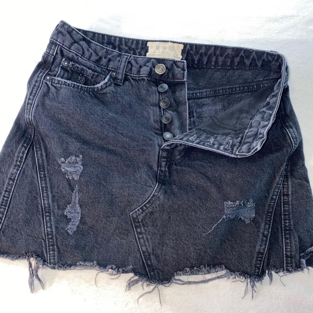 We The Free Denim Mini Skirt Sz 27 A Line Grunge Distressed Hem Black Button Fly